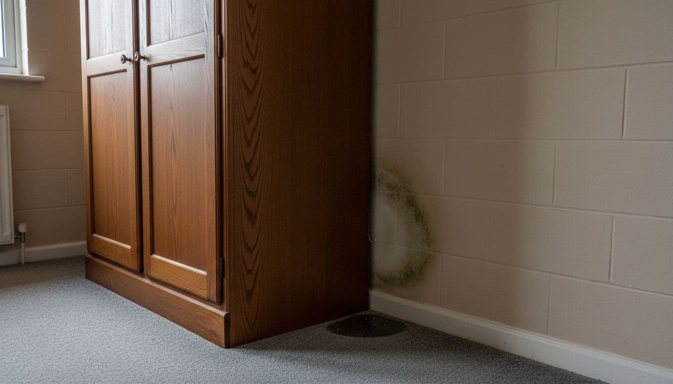 Um guarda-roupa de madeira posicionado muito perto de uma parede de alvenaria em um quarto, demonstrando falta de circulação de ar. Iluminação de quarto, estilo realista, sem pessoas, sem texto.