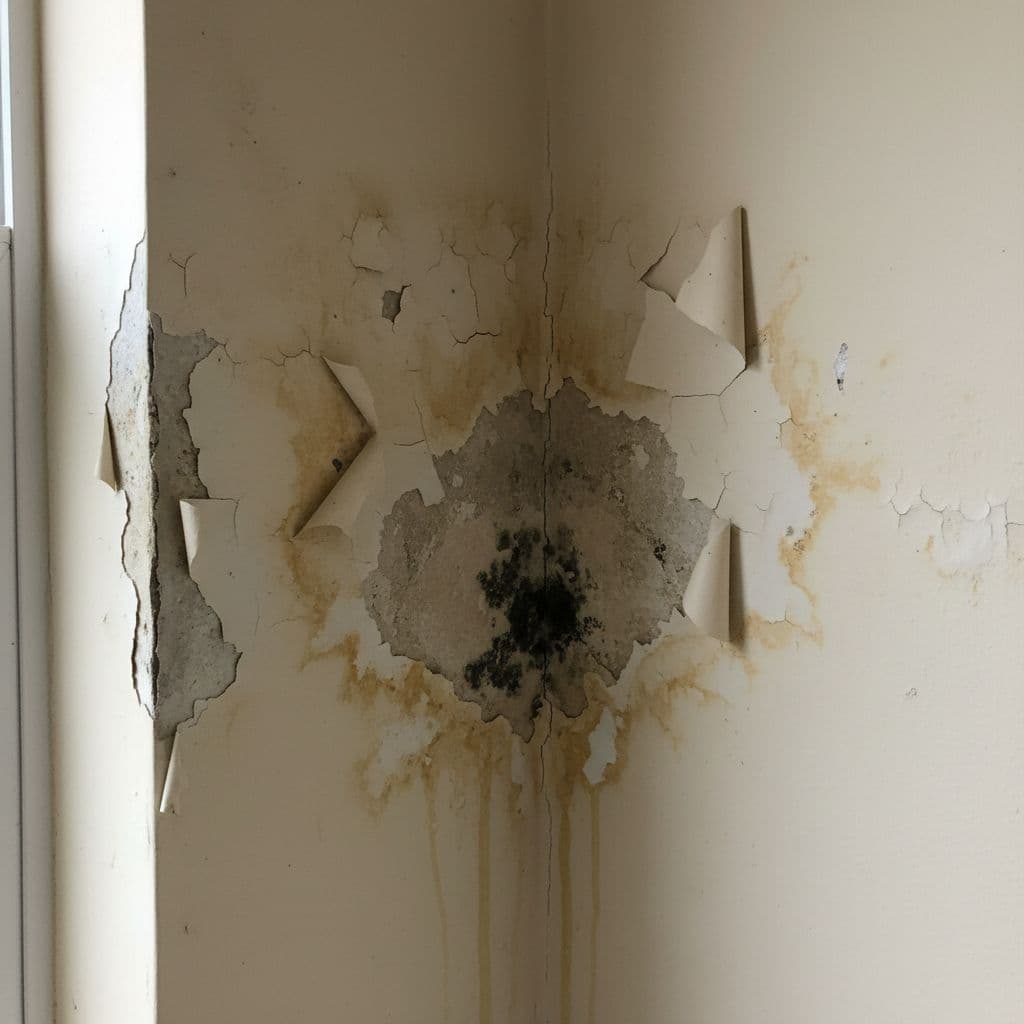 A close-up view of a damp bathroom wall corner showing peeling paint and discoloration.