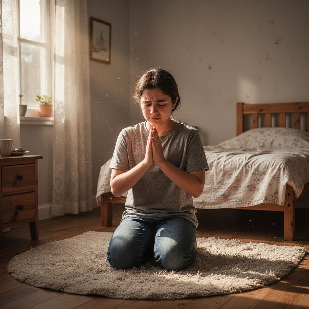 Young person kneels with clasped hands in prayer, peaceful relieved expression in sunlit room.