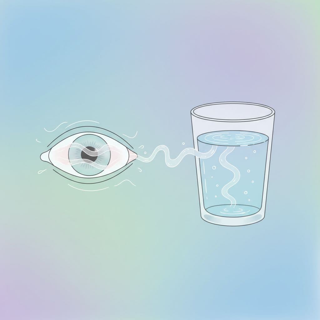 A close-up view of a single human eye appears alongside a clear glass of water. Liquid light effects swirl around them, emphasizing the relationship between hydration and visual clarity.