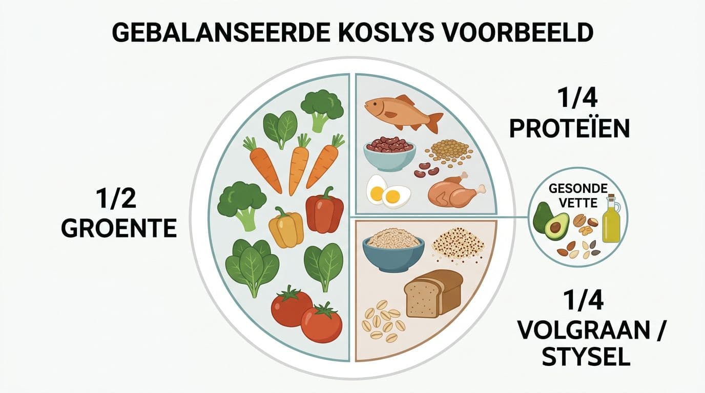Flat vector infographic illustrating the balanced meal plate method in soft neutral colors with Afrikaans labels: 1/2 Groente (vegetables), 1/4 Proteïen (protein), 1/4 whole grains/starch, and healthy fats, using simple food icons on a centered plate.