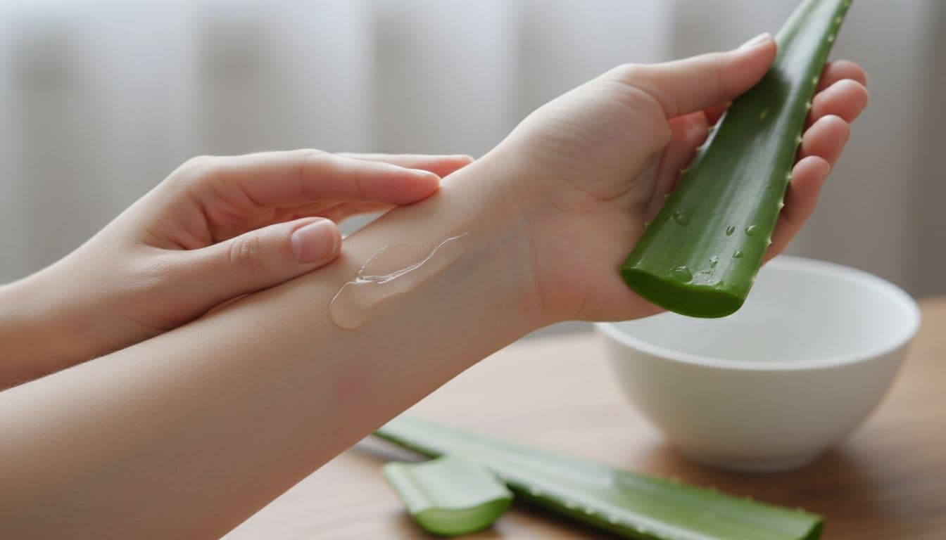A close-up photograph of a woman's smooth arm with mild redness, gently applying clear aloe vera gel from a freshly cut leaf, captured in soft natural indoor lighting for a soothing effect.