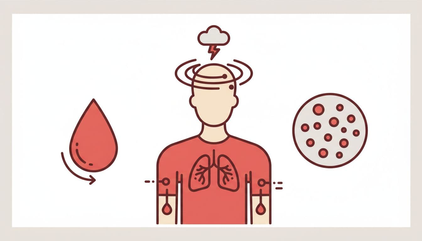 Simple flat illustration infographic of a human silhouette depicting common anemia symptoms like fatigue, pale skin, shortness of breath, dizziness, and weakness, with blood drop and low red blood cells visuals in red and neutral tones.
