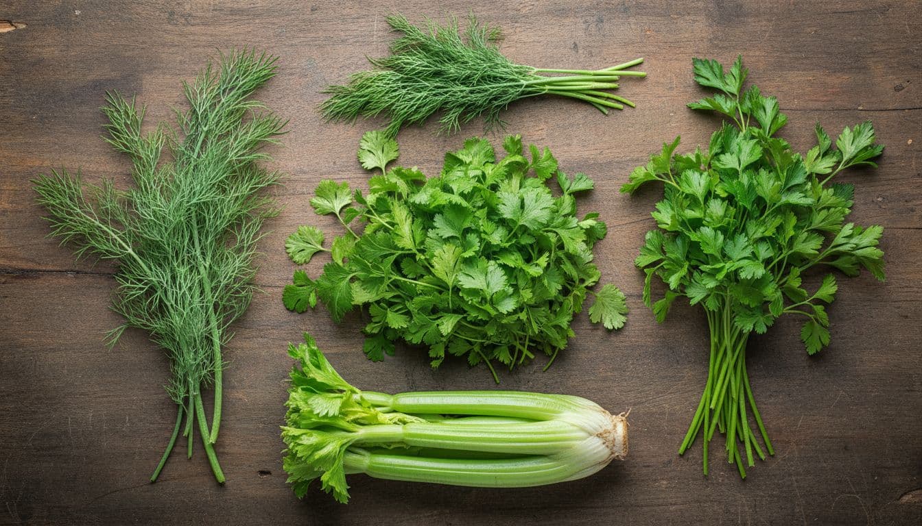 Top-down view of fresh green Apiaceae family herbs including coriander leaves, parsley sprigs, celery stalks, fennel fronds, and dill arranged on a rustic wooden table with vibrant colors and soft lighting.