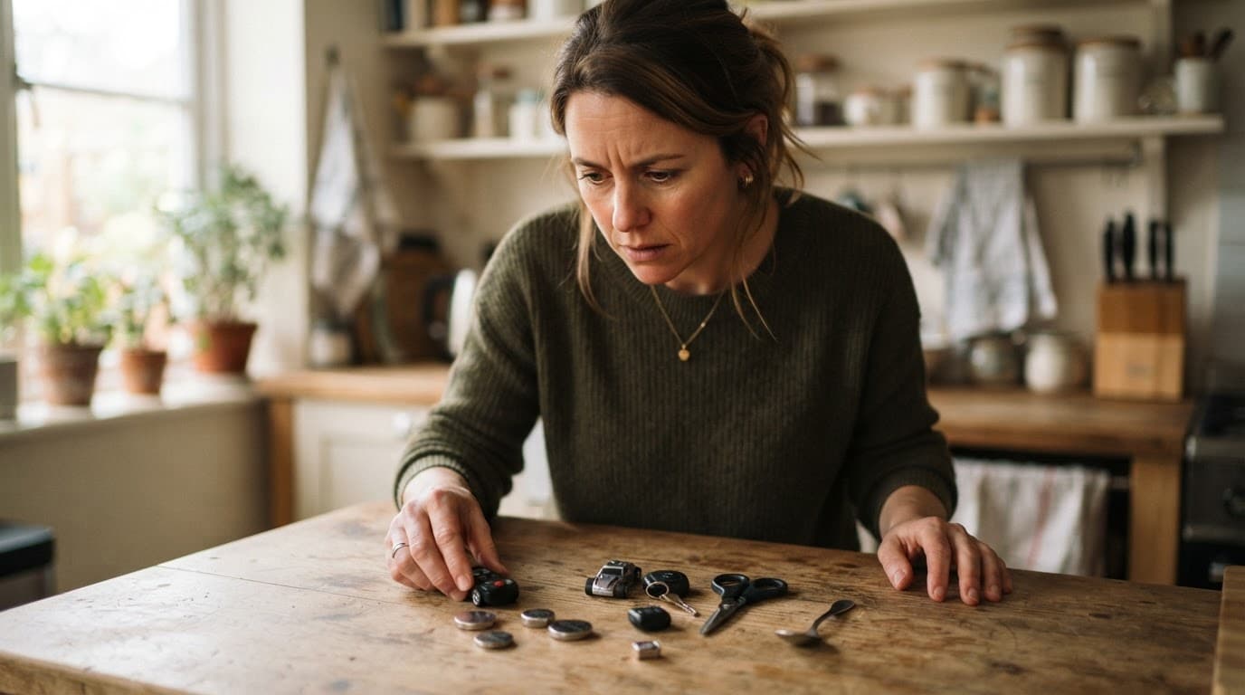 Knoppiebatterye by kinders: tyd vir mediese hulp Natuurlike Medisyne 'n Bekommerde ouer kyk na klein batterye op 'n houtkombuistoonbank.