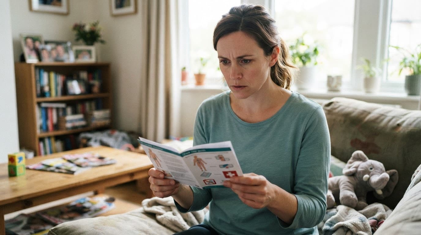 'n Bekommerde ouer bestudeer 'n noodhulpgids in 'n helder sitkamer.
