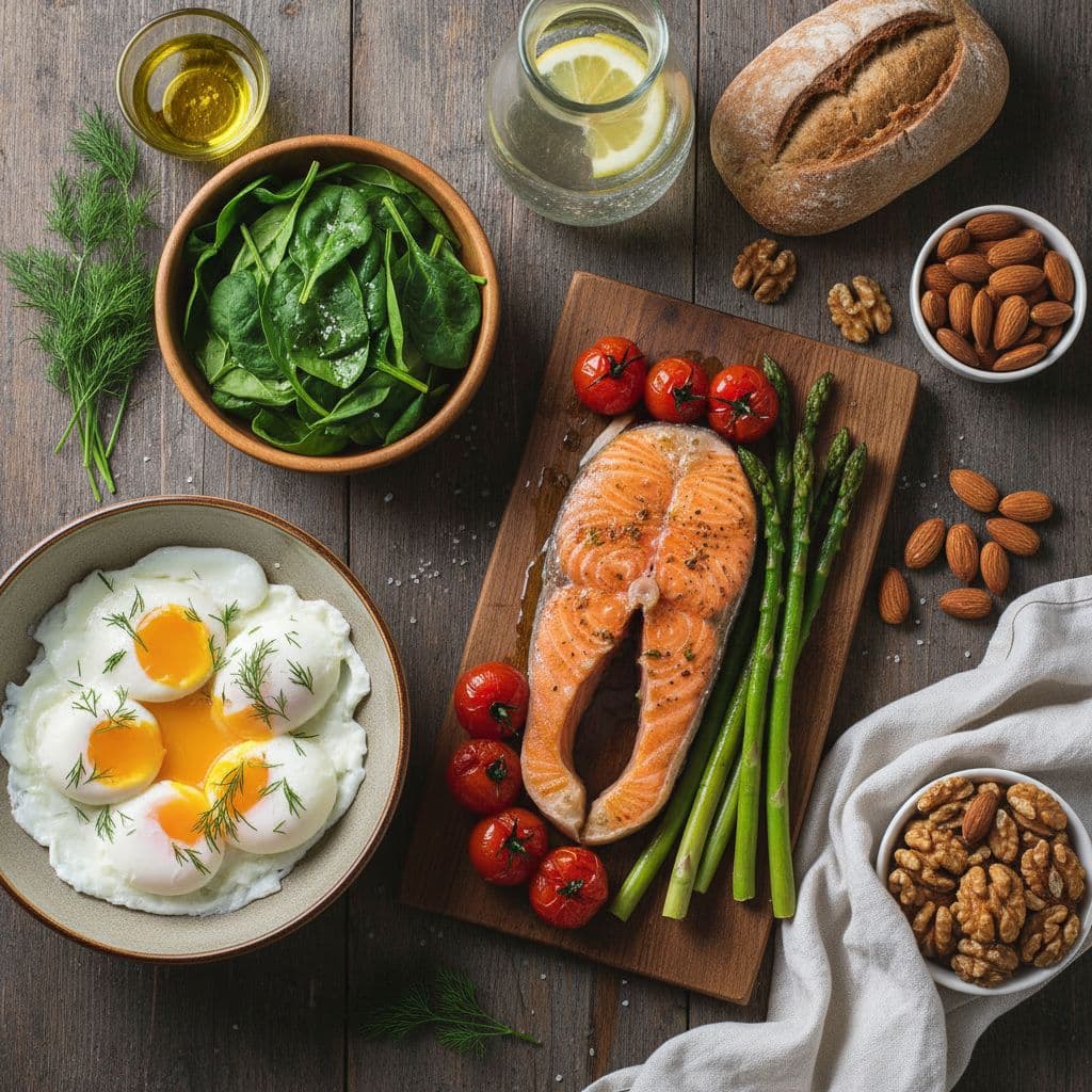 A rustic wooden surface displays a balanced spread of fresh ingredients, including boiled eggs, raw almonds, vibrant green spinach, and a piece of salmon. Soft daylight highlights their varied textures.