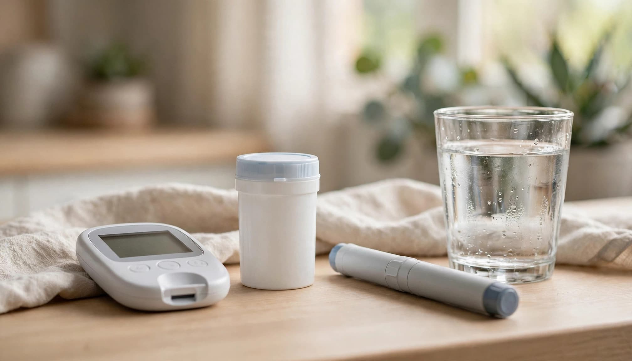 'n Glukosemeter, ketoonstrokiehouer, insulienpen en glas water op 'n skoon toonbank.