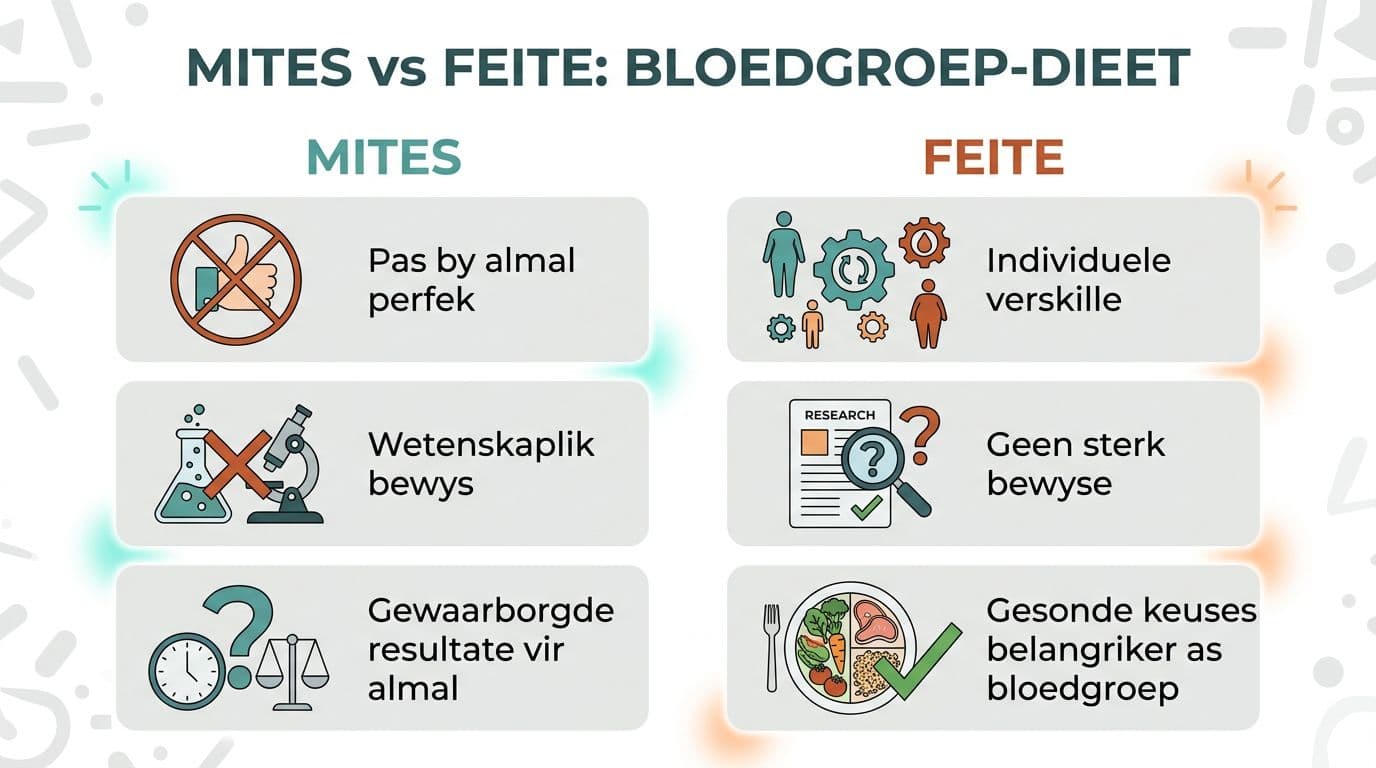 Flat vector infographic in soft neutral colors comparing myths (mites) and facts (feite) about the blood type diet (bloedgroep-dieet) in Afrikaans. Two columns with three points each, simple icons, high readability, and neutral wording.