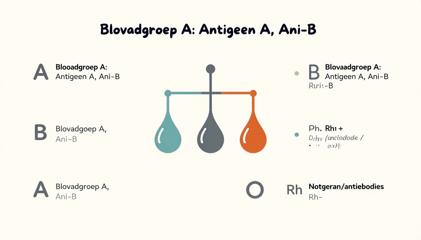 Flat vector infographic in soft neutral colors featuring a simple table of blood groups A, B, AB, O with Rh+ and Rh- factors, including short bullets on antigens and antibodies with blood cell icons.