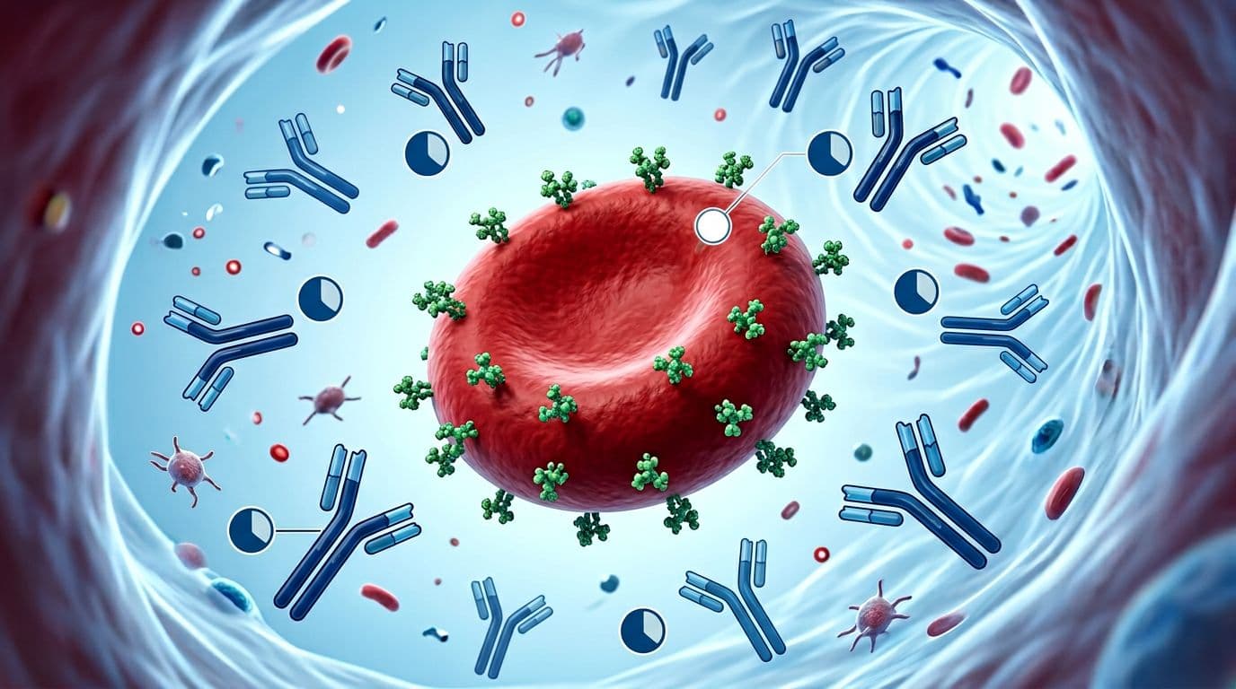 Clean medical illustration of a red blood cell with A-antigen on the surface and anti-B antibodies in plasma, set in an abstract blood circulation environment. Central red blood cell surrounded by plasma with anti-B icons in modern infographic style with neutral blue, red, white colors, bright lighting, and high detail.