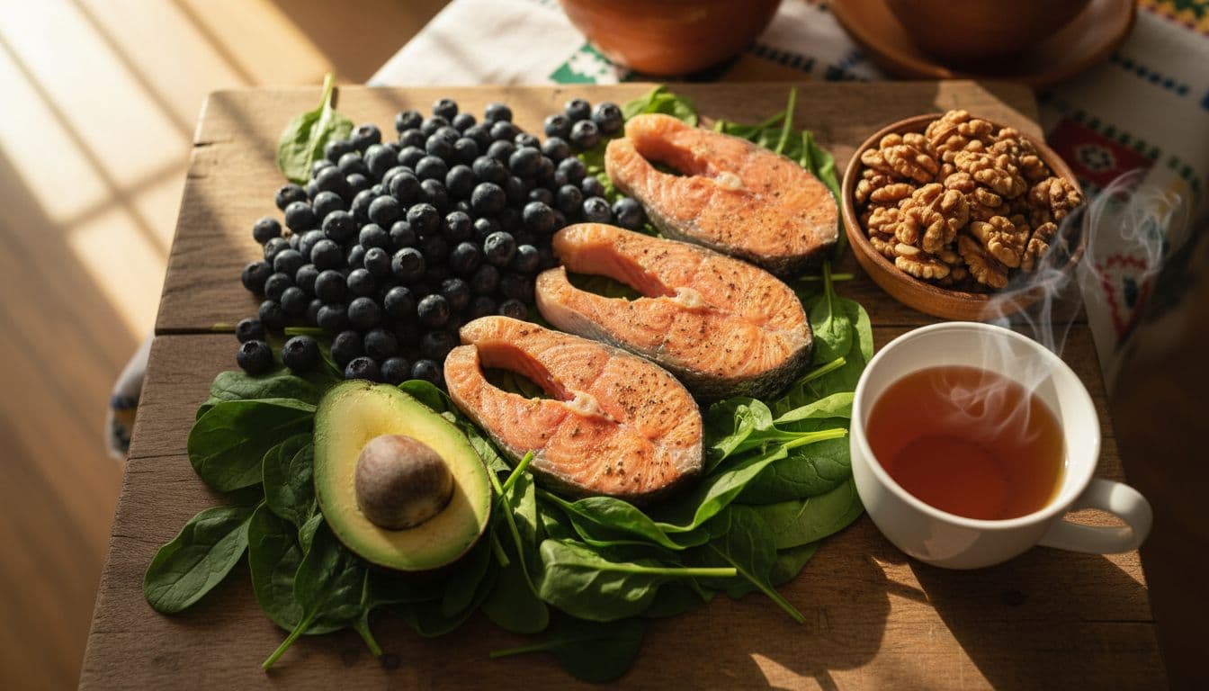 Top-down view of fresh healthy foods for brain health on a wooden table: blueberries, salmon slices, walnuts, spinach leaves, avocado, and rooibos tea in a sunny South African kitchen with vibrant natural lighting.