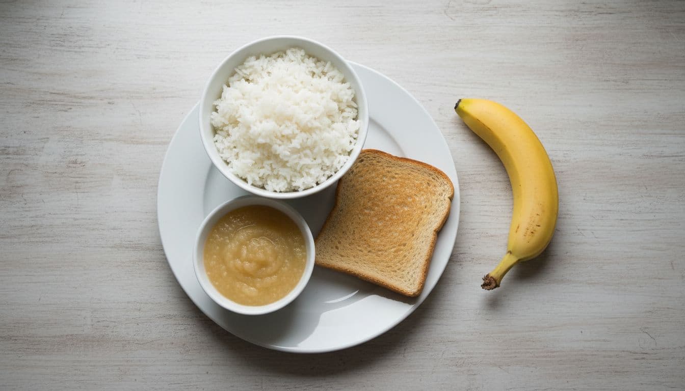 White plate on wooden table with bowl of plain rice, ripe banana, small applesauce bowl, and toast slice, top-down view.