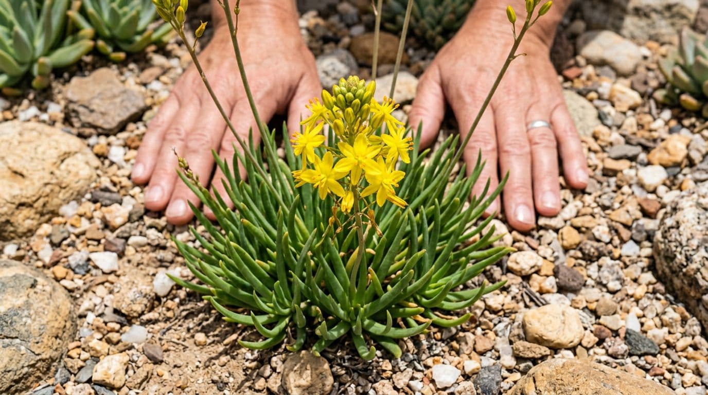 Close-up of Bulbine frutescens indigenous succulent featuring yellow or orange star-shaped flowers atop grassy leaves in a South African rockery, surrounded by gravel mulch and stones in sandy soil.