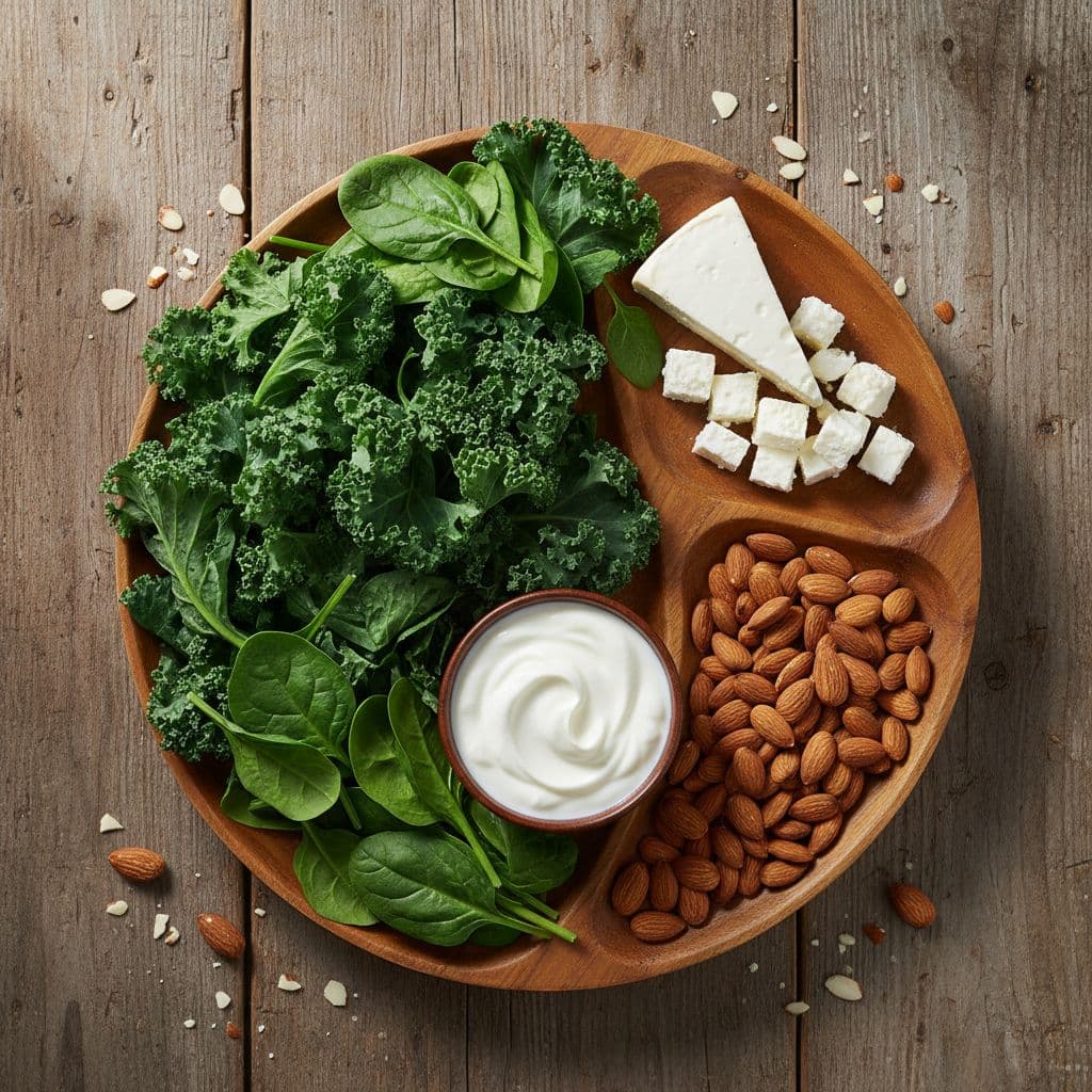 A top-down view shows a plate of leafy greens, dairy products, and almonds on a wooden table.
