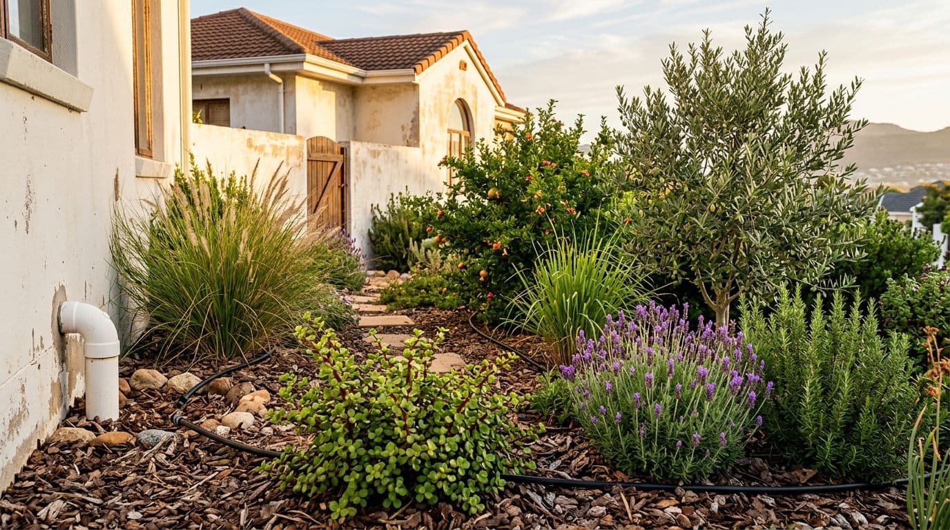 Photorealistic image of a suburban South African home garden in Cape Town with a simple greywater setup channeling laundry water to a mulch basin and dripline under drought-tolerant plants like rosemary, lavender, spekboom, and olive tree, in warm golden-hour light.