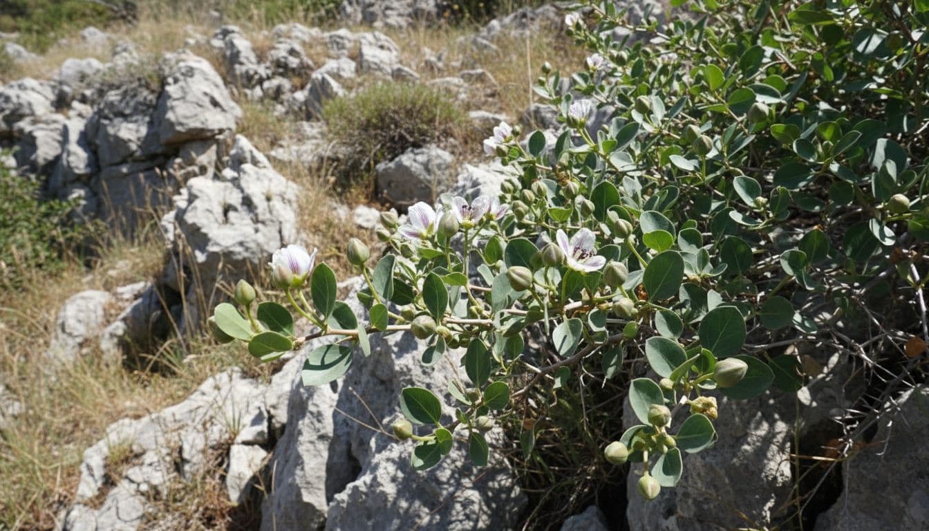 Green caper buds and young flowers on thorny bush growing on rocky Mediterranean hillside.