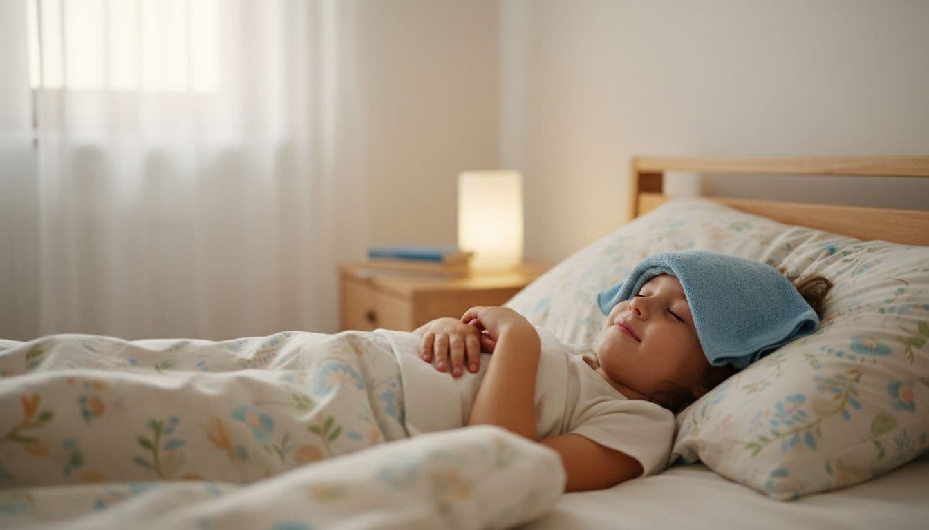 Young child lies in cozy bed with damp cloth on forehead under soft window light.