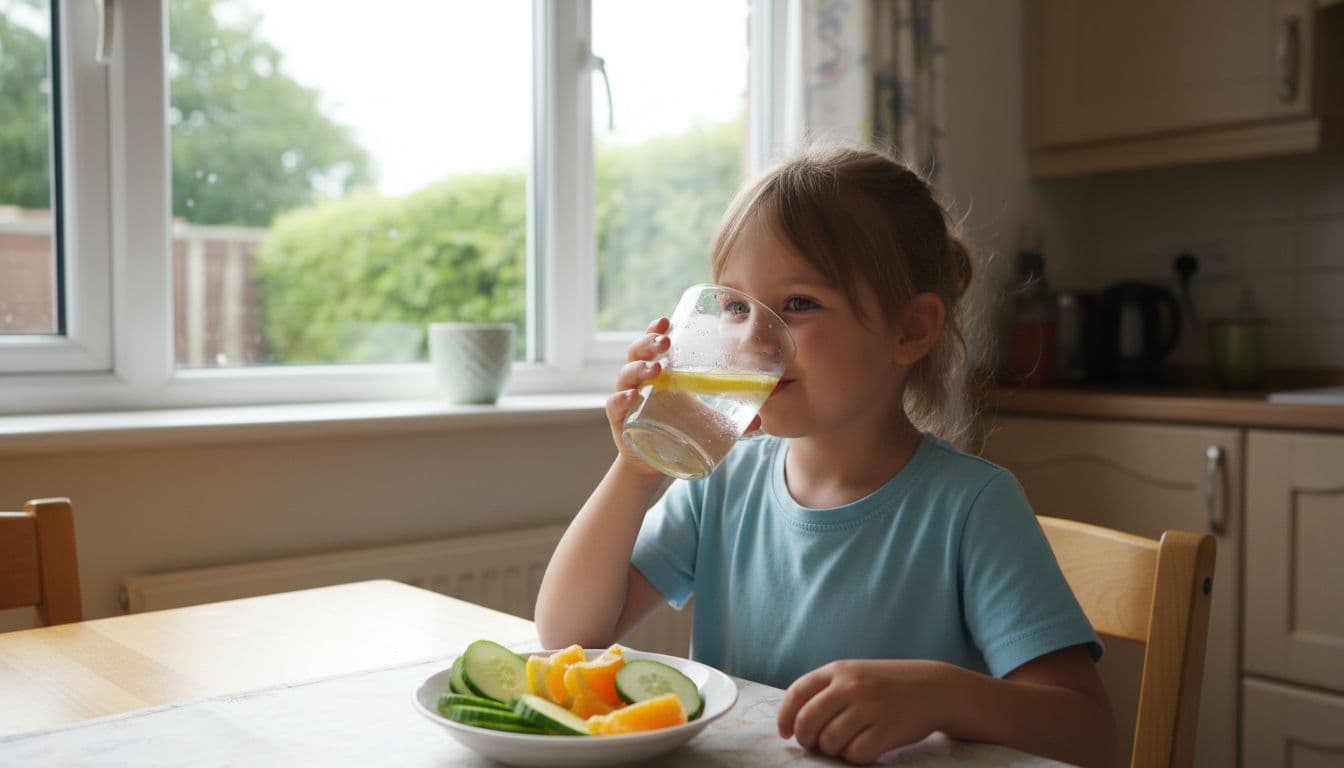Young child sits at kitchen table drinking water with lemon slices, fruits nearby in bright daylight.
