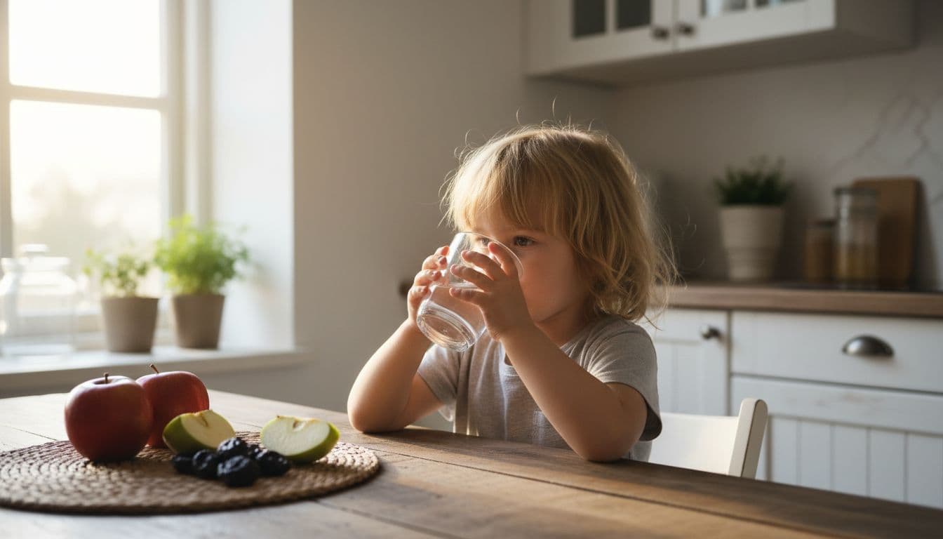 Young child at kitchen table drinks water from glass with prunes and apples nearby in sunlight.
