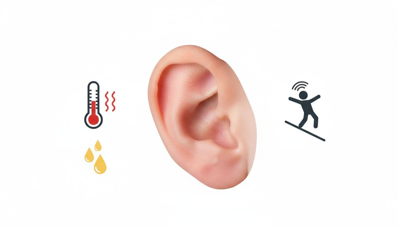 Close-up of child's swollen red ear beside icons of fever thermometer, pus drops, and balance issues on white background.