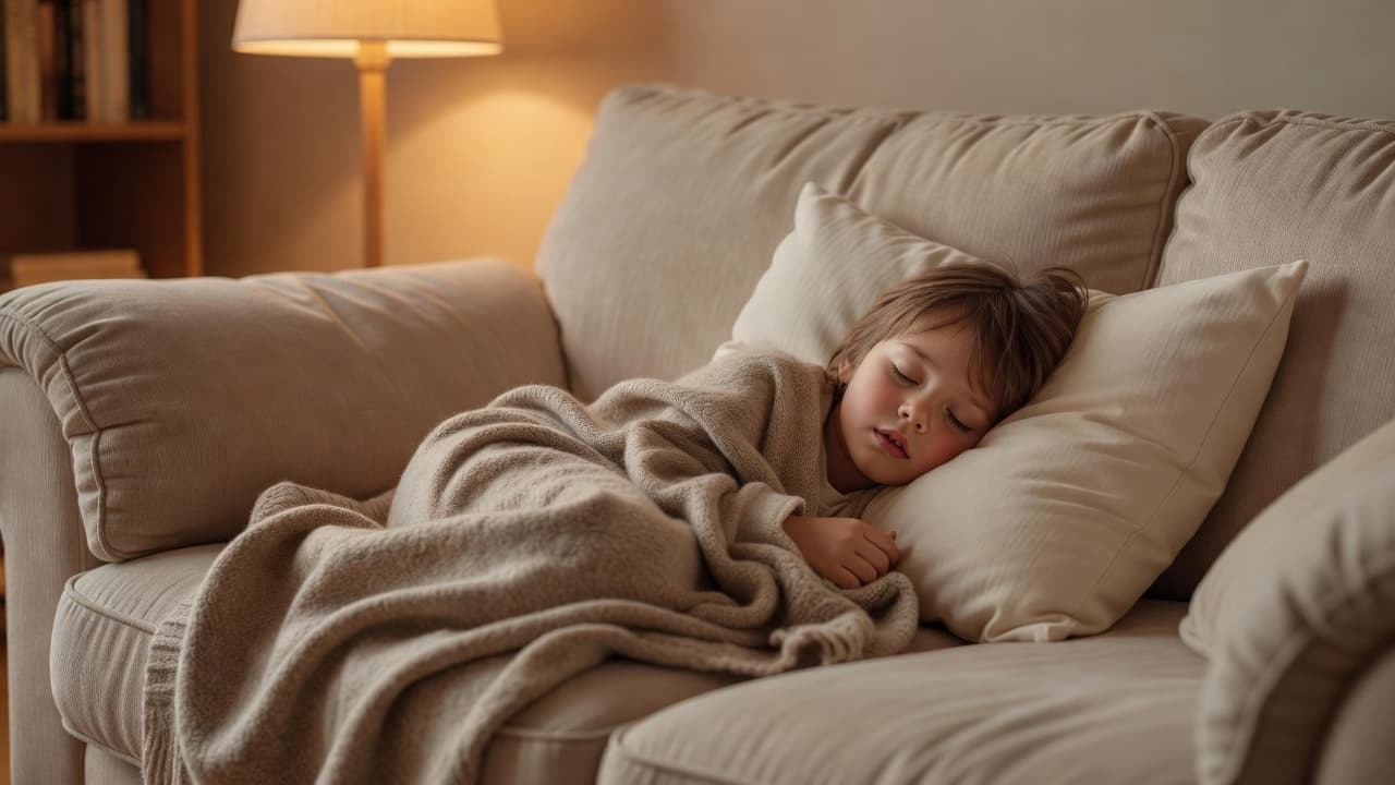 A young child curled up on a plush sofa under a soft, textured blanket. The room is filled with warm, golden light that emphasizes the quiet and calm healing atmosphere.