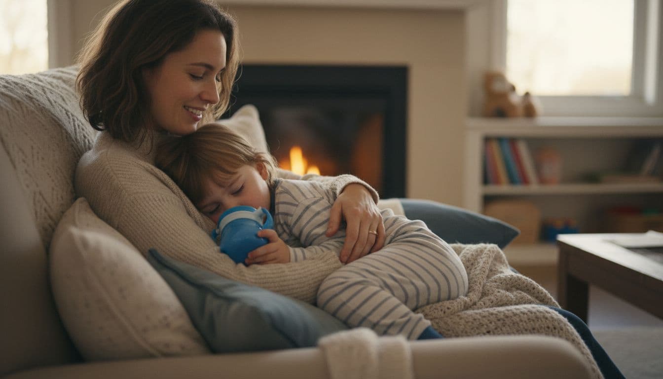 Child rests on parent's lap drinking water from cup in cozy home with soft pillows.