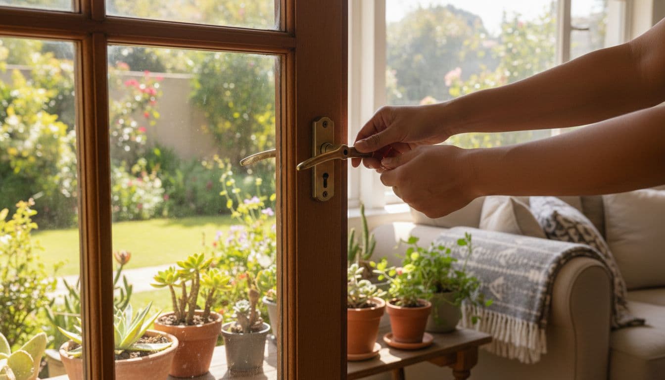 Hands secure window latch in cozy living room, plants outside visible through glass.