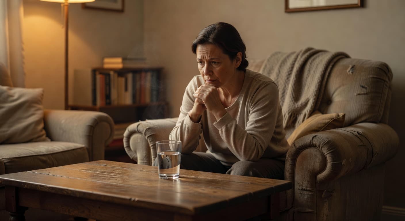 A pensive individual sits in a cozy, softly lit living room, gazing thoughtfully at a single glass of water placed on a side table. The warm interior highlights a contemplative mood.