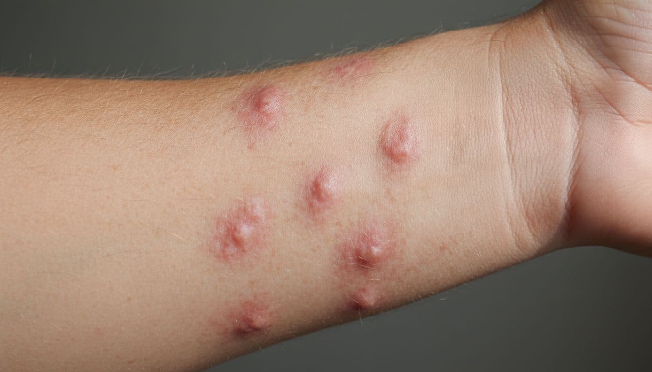 Close-up realistic medical photo of mild red itchy hives and rash on light skin forearm in natural daylight lighting, emphasizing skin texture with no additional elements.