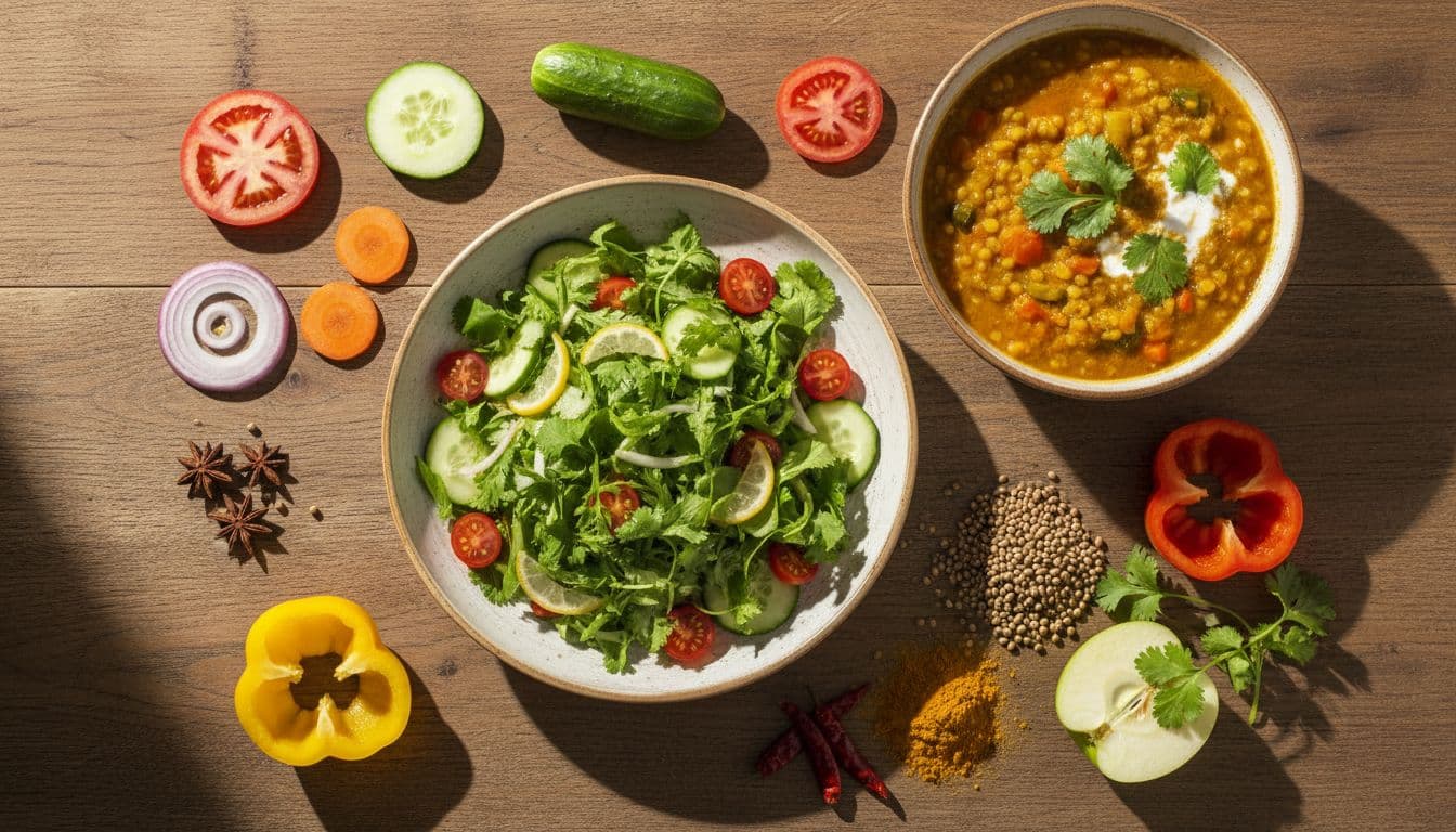 Top-view of a table with coriander in dishes like salad and curry, surrounded by individual slices of vegetables and spices, under warm natural light, fresh and appetizing, no people, text, or watermarks.