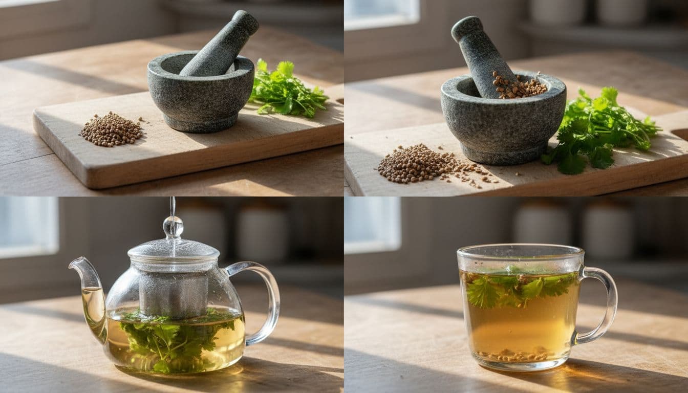 A glass of warm tea topped with fresh coriander leaves and seeds on a wooden table, bathed in natural light with a simple background.