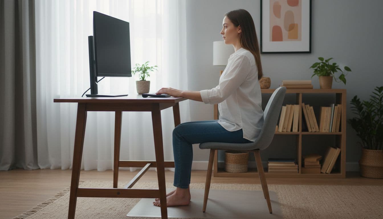 Side view of person sitting straight at desk with relaxed shoulders, screen at eye level, feet flat on floor.