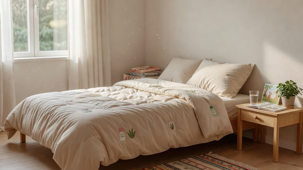 Waterpokkies-jeuk by kinders veilig verlig Natuurlike Medisyne A neatly made twin bed features soft white cotton linens in a sun-drenched, tranquil room. Gentle light filters through sheer curtains, highlighting the soothing and safe environment for restful recovery.