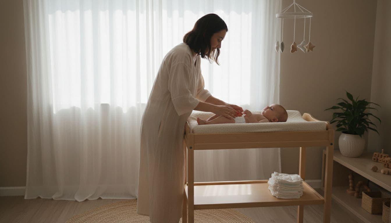 A parent carefully changes a baby on a soft white pad atop a minimalist changing table. Soft natural light streams into the room, creating a calm and warm atmosphere for care.