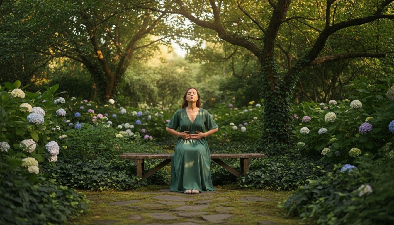 Rustige vrou sit op houtbank in groen tuin, oë toe, hande op maag, diep asemhaling neem. Sonlig filter deur blare in kalm natuurlike atmosfeer vir angsverligting.
