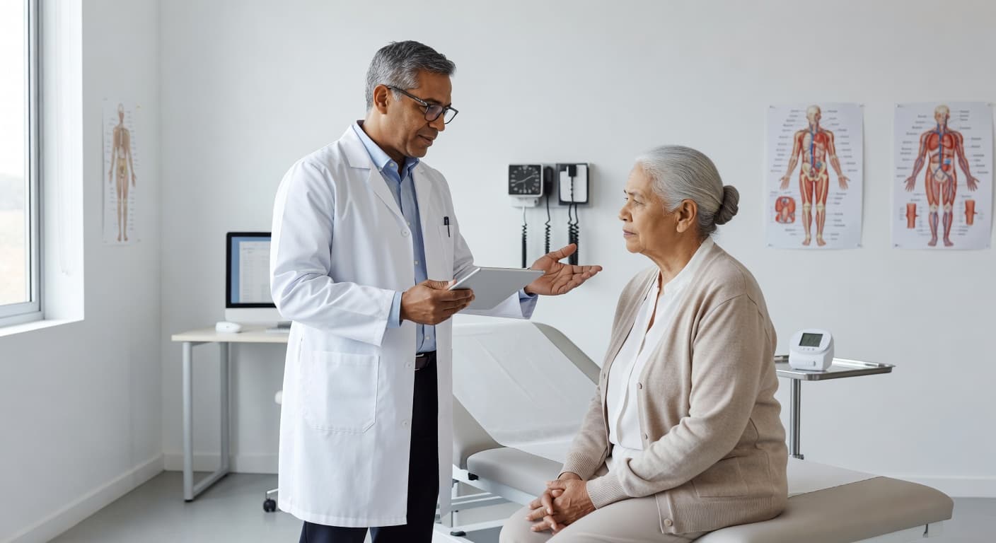 A physician wearing a clean white lab coat sits across from a patient in a bright clinical office, gesturing calmly while explaining health options. Medical charts are visible in the background.