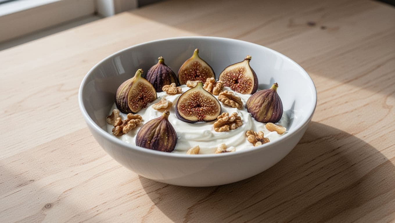 Dried figs mixed with yogurt and nuts in a white bowl on a light wooden surface, captured in natural light with a simple composition and high detail.