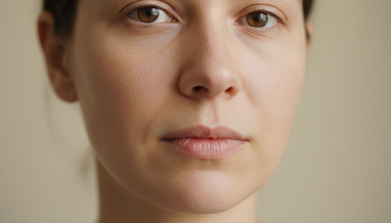 Close-up of person's face with dry textured skin and cracked lips on neutral background.