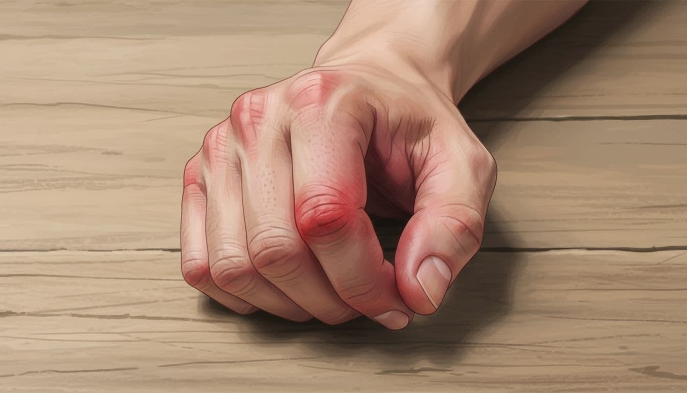 Close-up of hand with swollen red joints on wooden table.