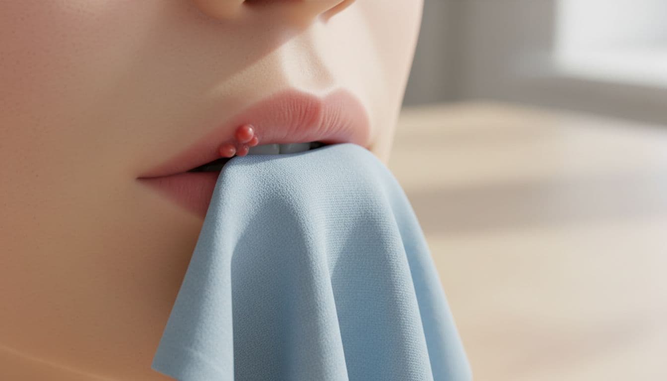 Close-up of lower lip with early cold sore and soft cold compress applied on clean surface.