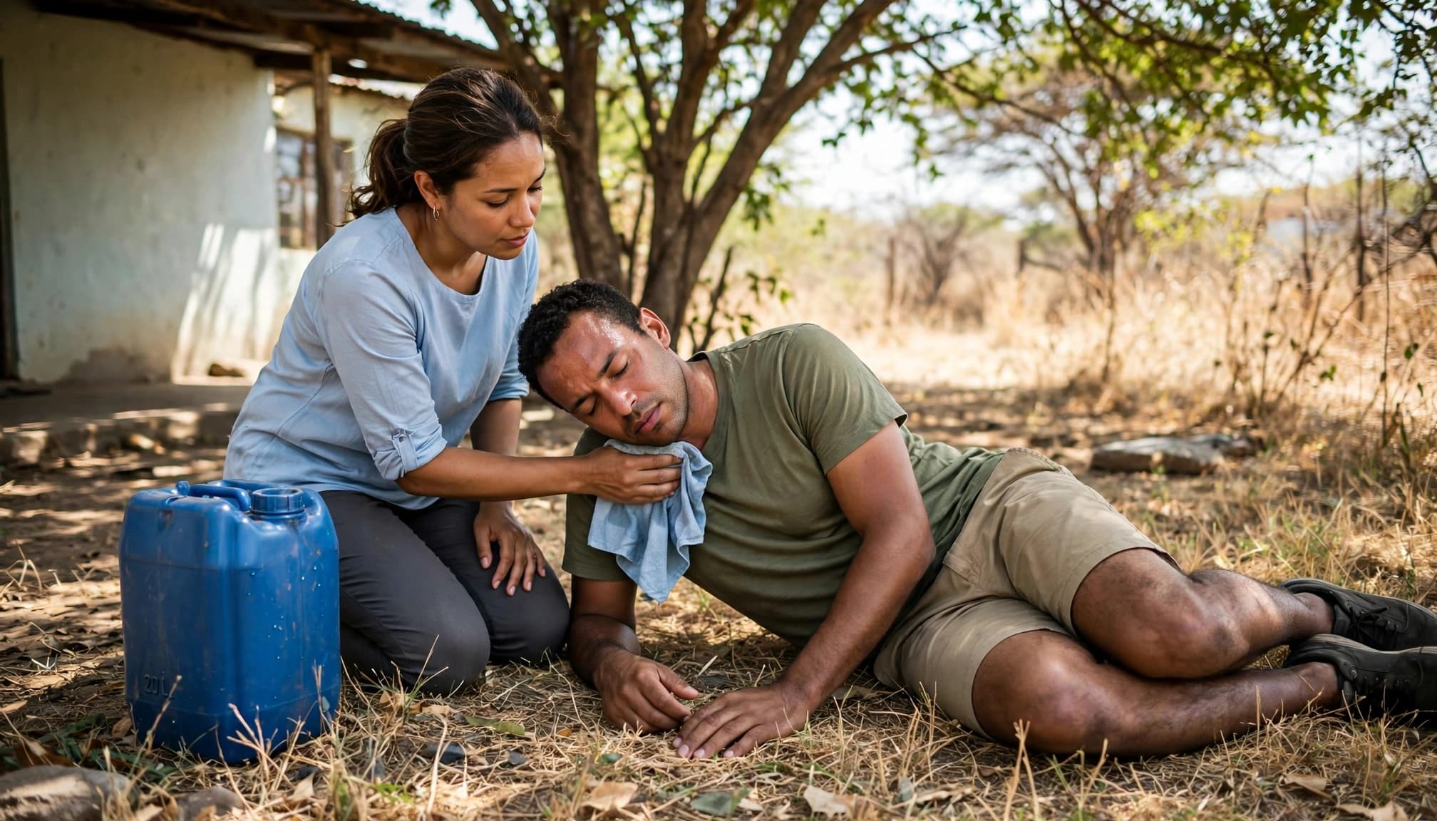 Een volwassene lê op sy sy terwyl 'n helper 'n koel nat lap teen sy nek hou.