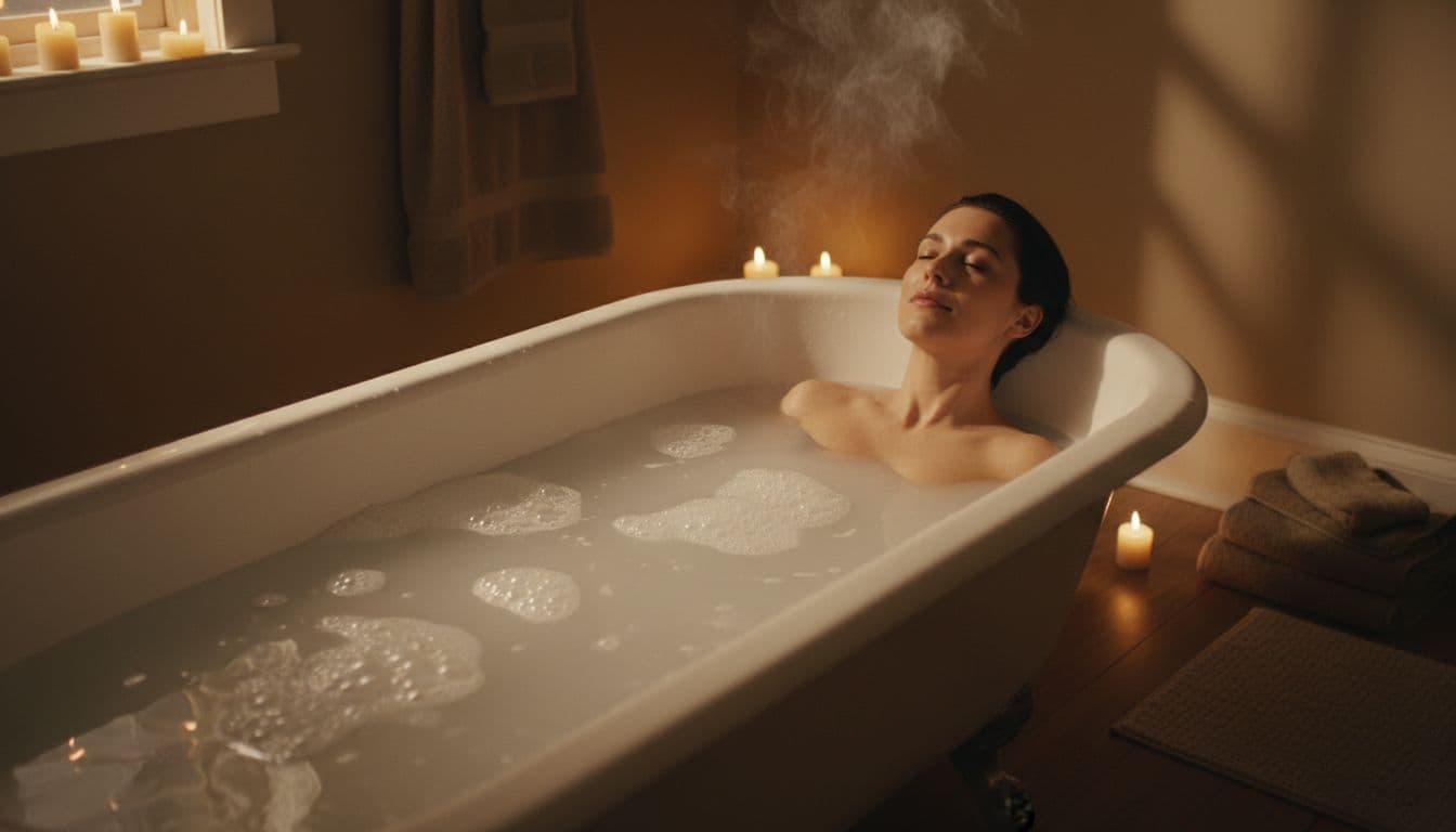 Person relaxes in bathtub with dissolved Epsom salt, shoulders and upper back above subtle bubbles, face in steam under candlelight.