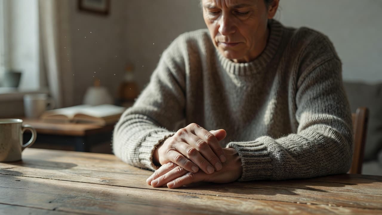Ystertekort simptome agter koue hande en uitputting Natuurlike Medisyne A weary individual sits at a wooden table in a quiet room, rubbing their cold hands together for warmth. Soft, natural sunlight highlights the subtle tension and fatigue on their face.