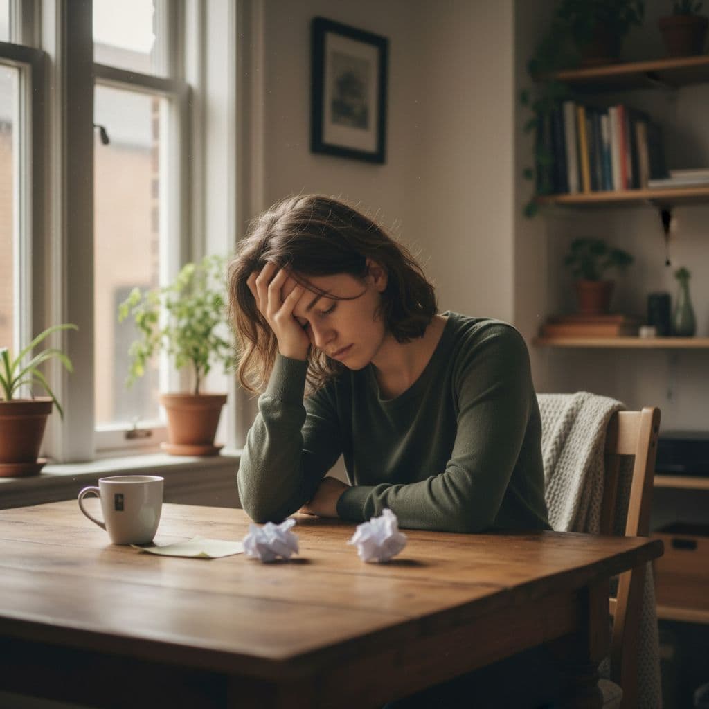 Person sits at wooden table with head resting on hand, looking drained in cozy home.