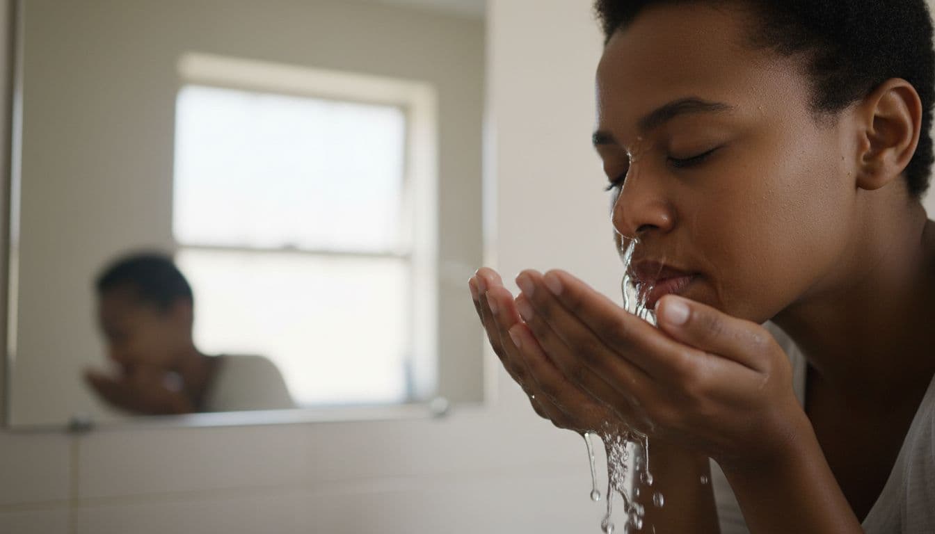 Person splashes cupped clean water on closed eyes over bathroom sink with mirror.