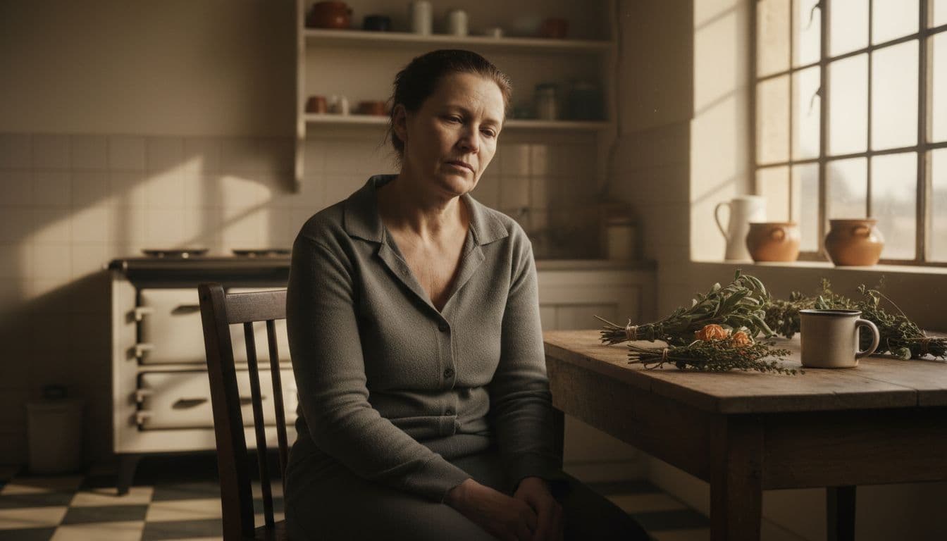 Middle-aged South African woman looking fatigued and pale, sitting on a wooden chair in a sunlit kitchen with natural herbs nearby, realistic photo with soft morning light.