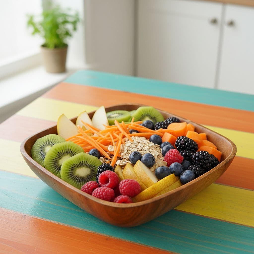 Bowl filled with sliced pears, kiwis, carrots, oats, and berries on a colorful wooden table.