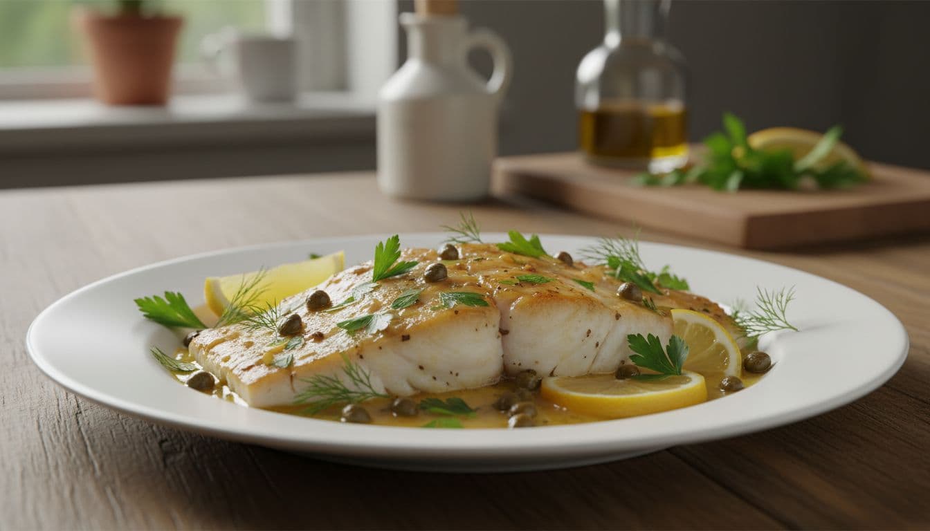 Photorealistic appetizing fish dish with capers butter sauce on a white plate, surrounded by fresh herbs and lemon slices, light kitchen background with natural lighting and high detail.