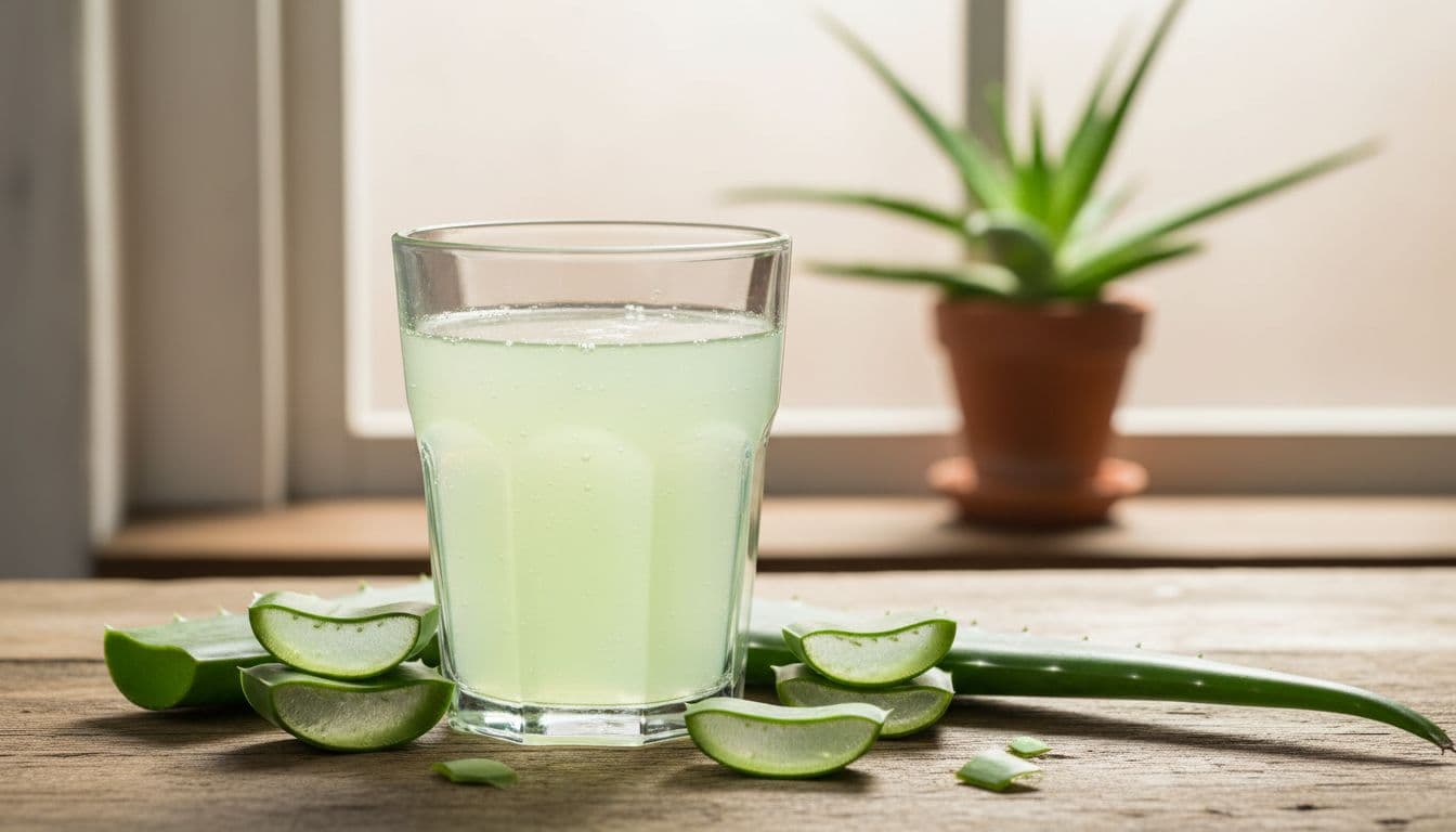 A clear glass of fresh green aloe vera juice on a rustic wooden table, surrounded by cut aloe vera leaves and a whole plant in soft natural morning light.